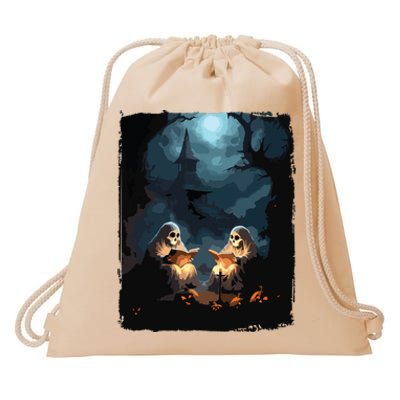 Vintage Boo Halloween Camping Reading Teacher Books Ghost Drawstring Bag