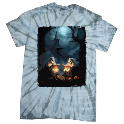 Vintage Boo Halloween Camping Reading Teacher Books Ghost Tie-Dye T-Shirt