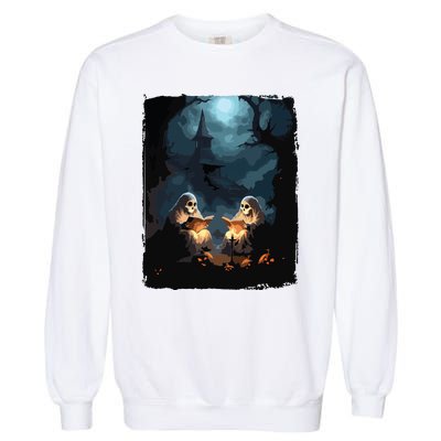 Vintage Boo Halloween Camping Reading Teacher Books Ghost Garment-Dyed Sweatshirt