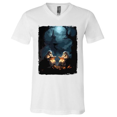 Vintage Boo Halloween Camping Reading Teacher Books Ghost V-Neck T-Shirt