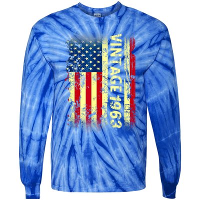 Vintage Born In 1963 Patriotic American Flag Birthday Tie-Dye Long Sleeve Shirt