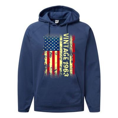 Vintage Born In 1963 Patriotic American Flag Birthday Performance Fleece Hoodie