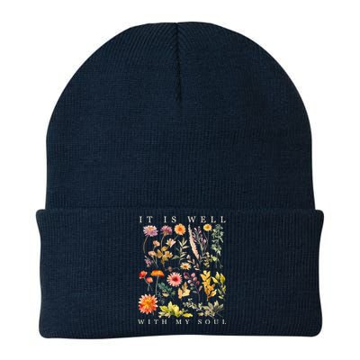 Vintage Boho It Is Well With My Soul Floral Wild Flowers Knit Cap Winter Beanie