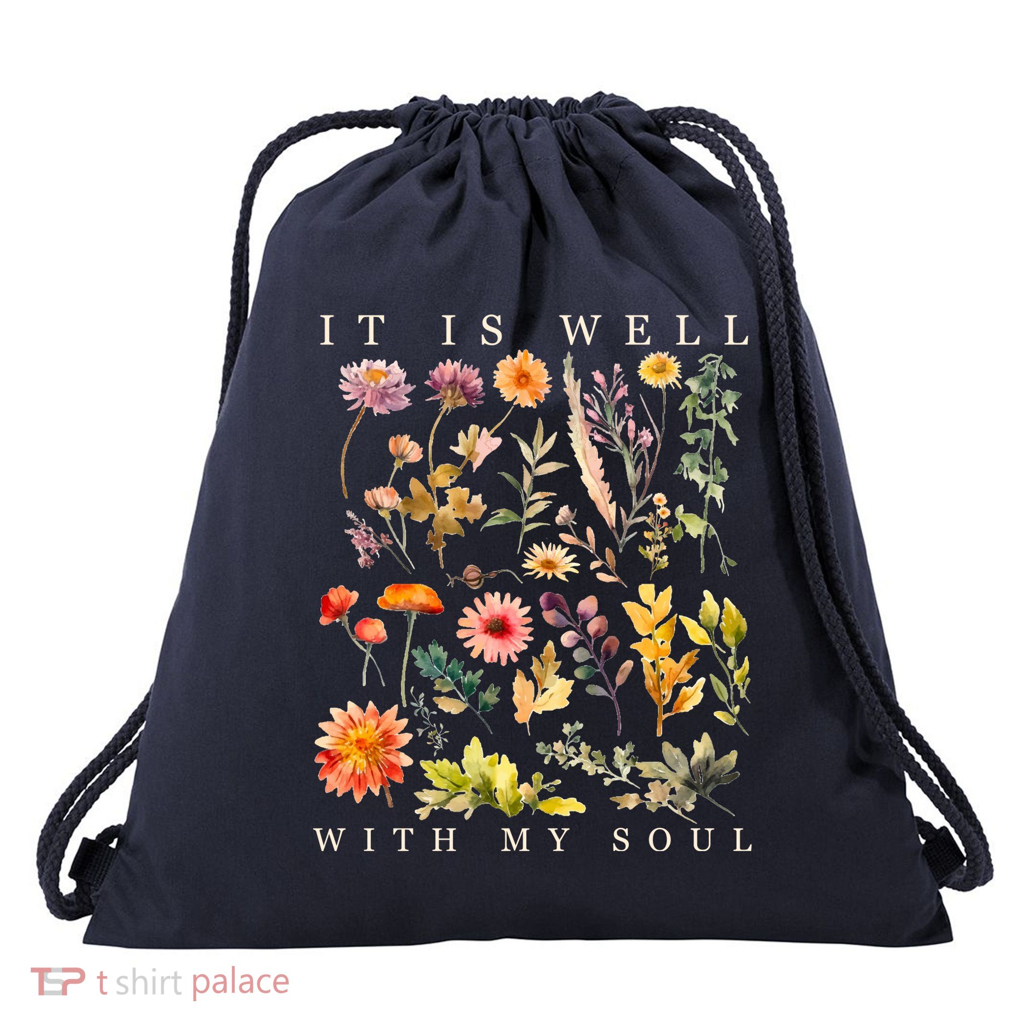 Vintage Boho It Is Well With My Soul Floral Wild Flowers Drawstring Bag