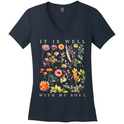 Vintage Boho It Is Well With My Soul Floral Wild Flowers Women's V-Neck T-Shirt