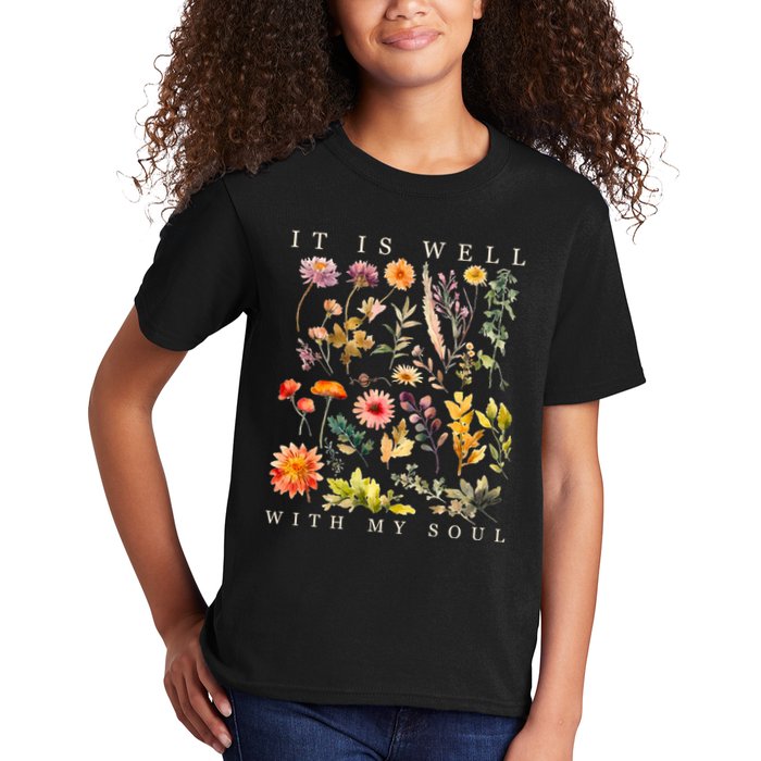 Vintage Boho It Is Well With My Soul Floral Wild Flowers Kids T-Shirt
