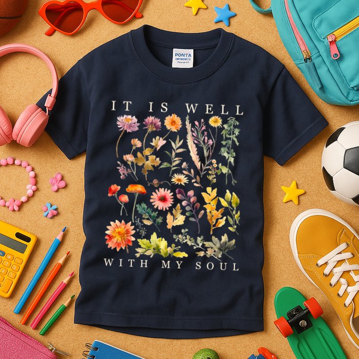 Vintage Boho It Is Well With My Soul Floral Wild Flowers Kids T-Shirt