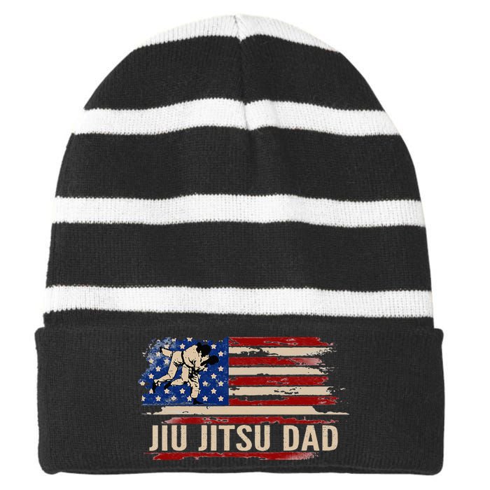 Vintage BJJ JiuJitsu Dad American USA Flag Sports Gift Striped Beanie with Solid Band