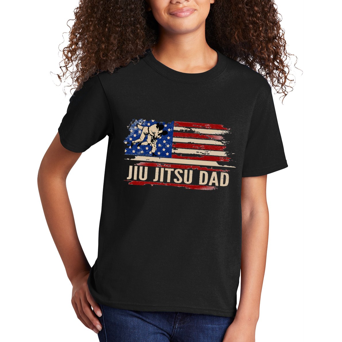 Vintage BJJ JiuJitsu Dad American USA Flag Sports Gift Kids T-Shirt