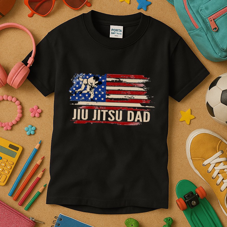 Vintage BJJ JiuJitsu Dad American USA Flag Sports Gift Kids T-Shirt
