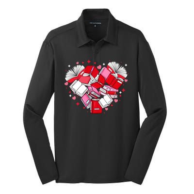 Valentine Book Lover Heart Shape Librarian Bookworm Costume Silk Touch Performance Long Sleeve Polo