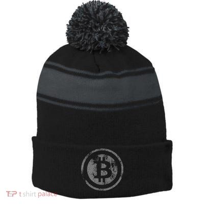 Vintage Bitcoin Logo Stripe Pom Pom Beanie
