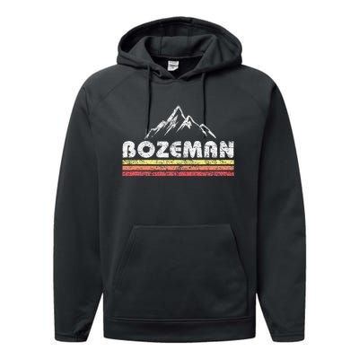 Vintage Bozeman Montana Retro Mountain Faded Lines Souvenir Performance Fleece Hoodie