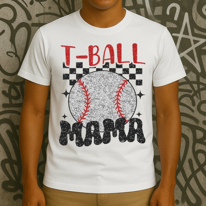 Vintage Ball Mama Softball Mom Checkered Print Mothers Day T-Shirt