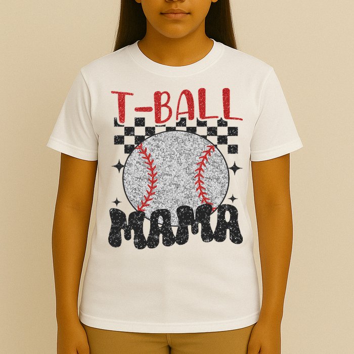 Vintage Ball Mama Softball Mom Checkered Print Mothers Day T-Shirt
