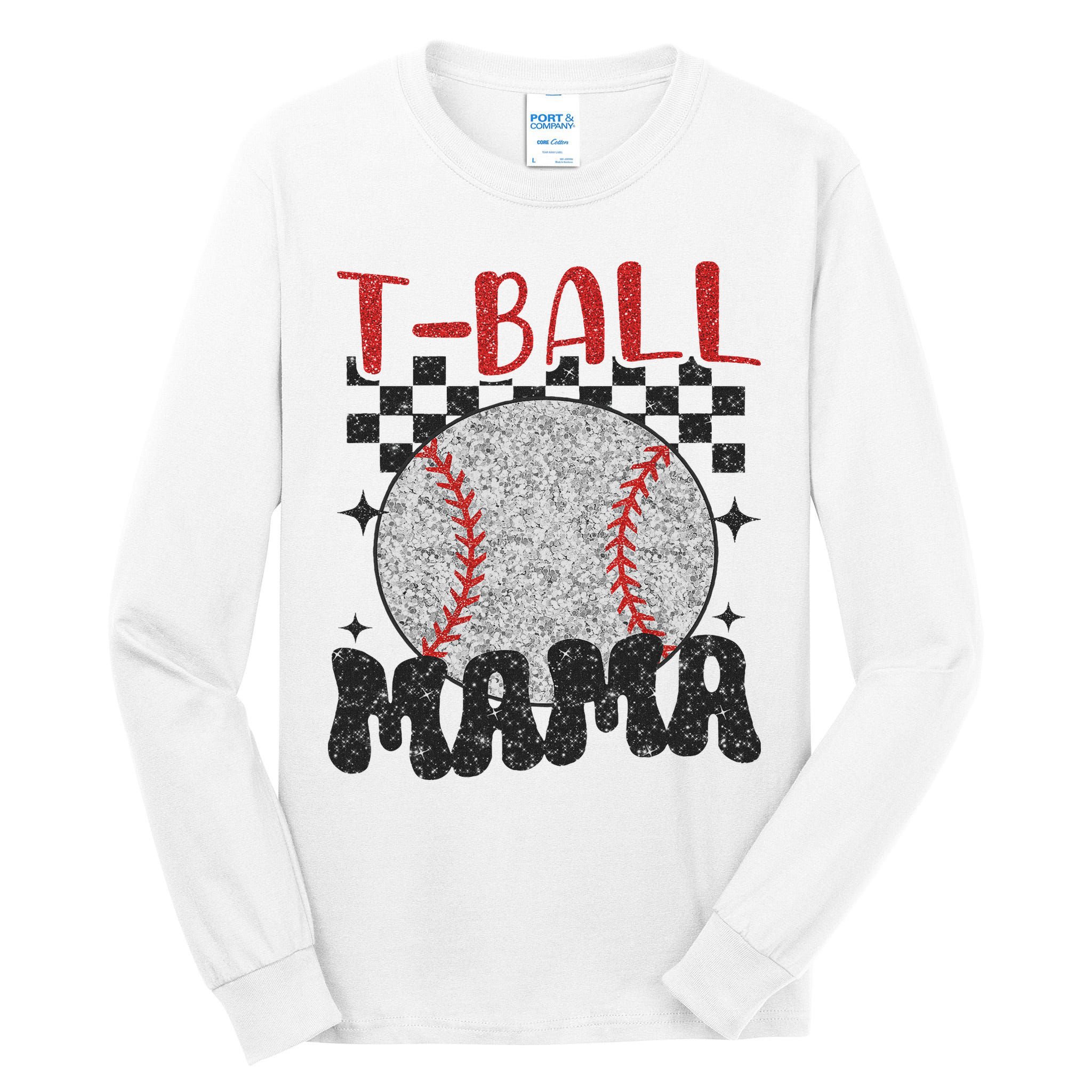 Vintage Ball Mama Softball Mom Checkered Print Mothers Day Tall Long Sleeve T-Shirt