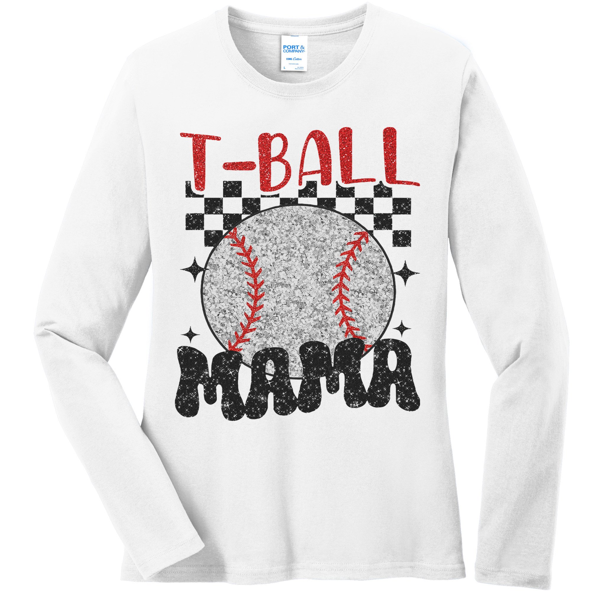 Vintage Ball Mama Softball Mom Checkered Print Mothers Day Ladies Long Sleeve Shirt