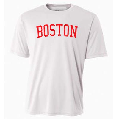 Vintage Boston MA Varsity Style Red Text Cooling Performance Crew T-Shirt