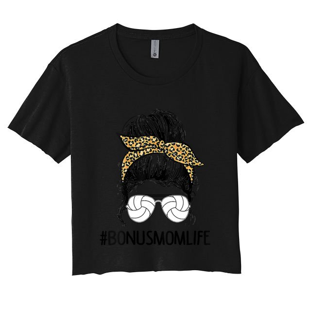 Volleyball Bonus Mom Life Messy Bun Leopard Mother’S Day Cute Gift Crop Top