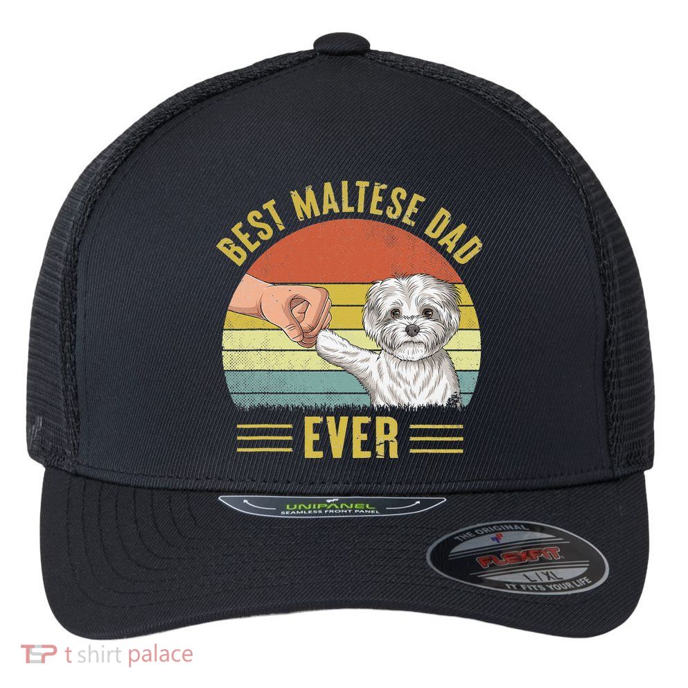 Vintage Best Maltese Dog Dad Ever Fist Bump Funny Dog Lover Flexfit Unipanel Trucker Cap