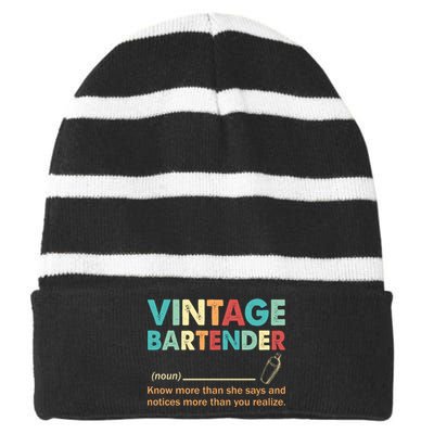 Vintage Bartender Noun Definition Fathers Day Striped Beanie with Solid Band