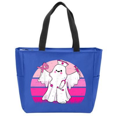 Vintage Boo Nurse Ghost Scrub Top Halloween Breast Cancer Funny Gift Zip Tote Bag