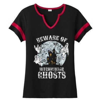 Vintage Beware Of Hitchhiking Ghosts Fun Halloween Party Ladies Halftime Notch Neck Tee