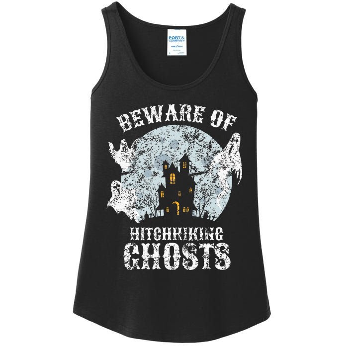 Vintage Beware Of Hitchhiking Ghosts Fun Halloween Party Ladies Essential Tank