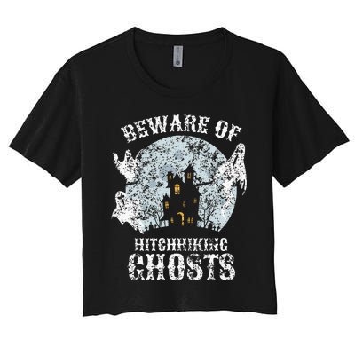 Vintage Beware Of Hitchhiking Ghosts Fun Halloween Party Women's Crop Top Tee