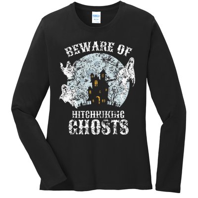 Vintage Beware Of Hitchhiking Ghosts Fun Halloween Party Ladies Long Sleeve Shirt