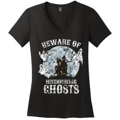 Vintage Beware Of Hitchhiking Ghosts Fun Halloween Party Women's V-Neck T-Shirt