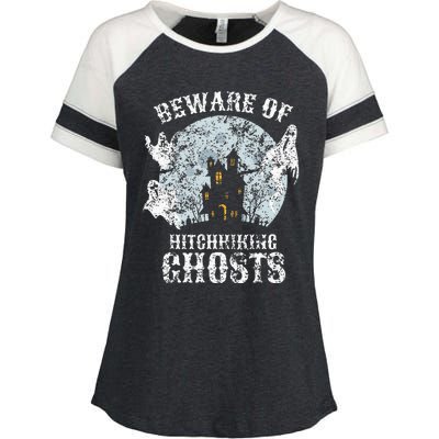 Vintage Beware Of Hitchhiking Ghosts Fun Halloween Party Enza Ladies Jersey Colorblock Tee