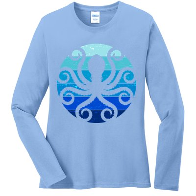 Vintage Blue Octopus Emblem Ladies Long Sleeve Shirt