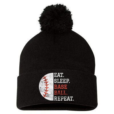 Vintage Baseball Player Eat Sleep Baseball Repeat Pom Pom 12in Knit Beanie