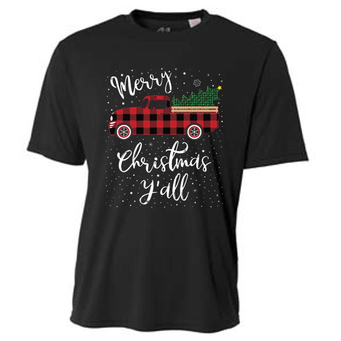 Vintage Buffalo Plaid Red Truck Merry Christmas Y'all Cooling Performance Crew T-Shirt