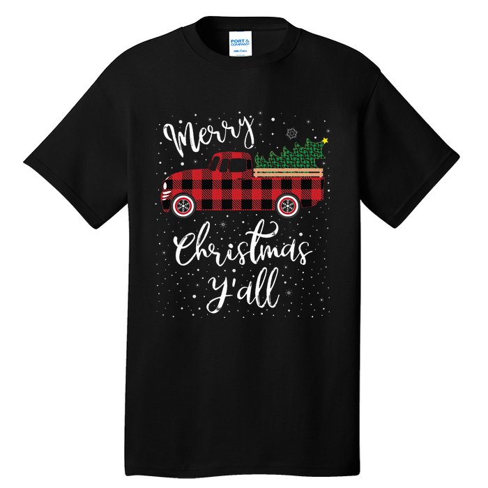 Vintage Buffalo Plaid Red Truck Merry Christmas Y'all Tall T-Shirt