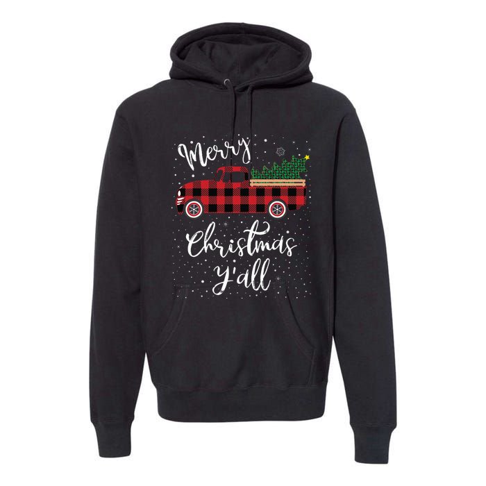 Vintage Buffalo Plaid Red Truck Merry Christmas Y'all Premium Hoodie