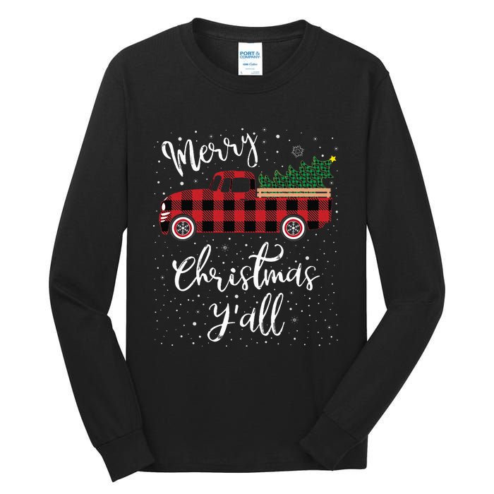 Vintage Buffalo Plaid Red Truck Merry Christmas Y'all Tall Long Sleeve T-Shirt