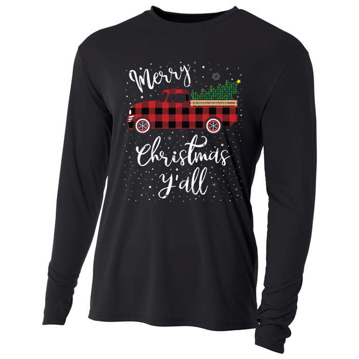 Vintage Buffalo Plaid Red Truck Merry Christmas Y'all Cooling Performance Long Sleeve Crew