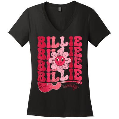 Vintage Billie Personalized Name I Love Billie Groovy Women's V-Neck T-Shirt