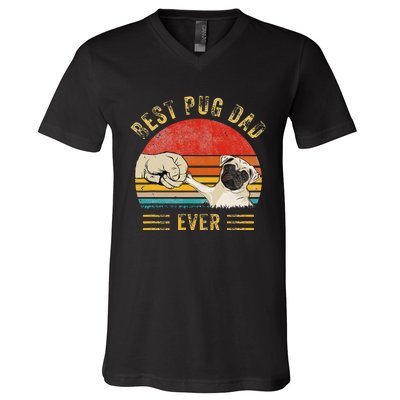 Vintage Best Pug Dad Ever Pug Lover Father's Day V-Neck T-Shirt