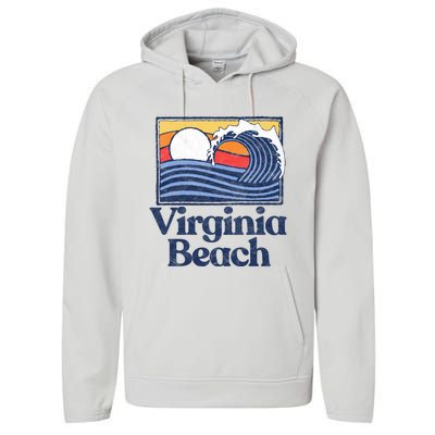 Virginia Beach Retro Surfer Vintage Beach And Wave Graphic Great Gift Performance Fleece Hoodie