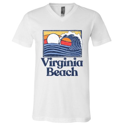 Virginia Beach Retro Surfer Vintage Beach And Wave Graphic Great Gift V-Neck T-Shirt