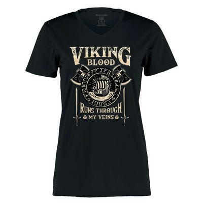 Viking Blood Runs Through My Veins Norse Mythology Women's Momentum V-Neck T-Shirt