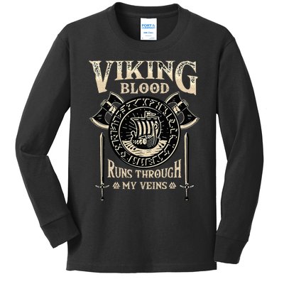 Viking Blood Runs Through My Veins Norse Mythology Kids Long Sleeve Shirt