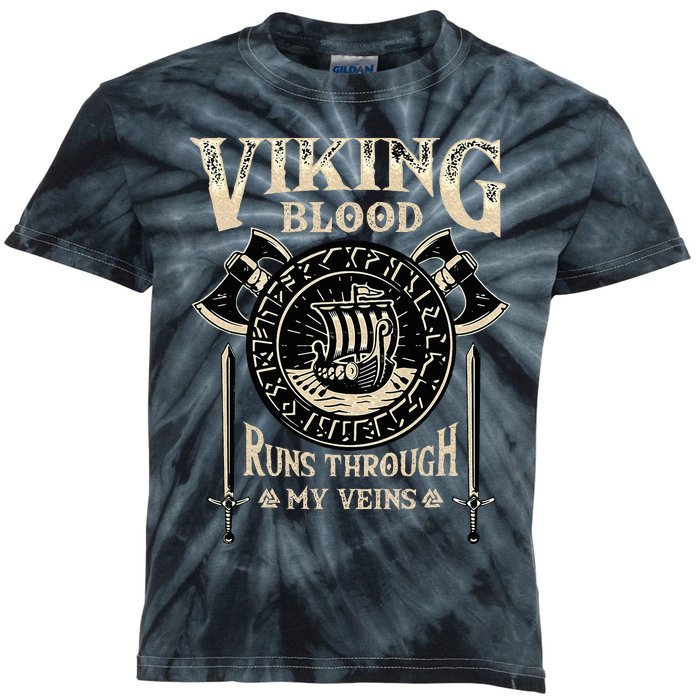 Viking Blood Runs Through My Veins Norse Mythology Kids Tie-Dye T-Shirt