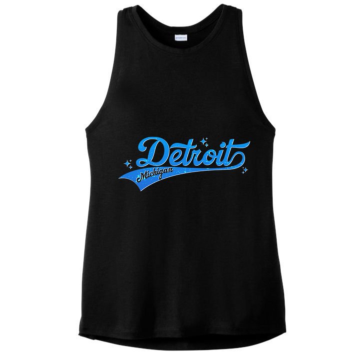Vintage Blue Sporty Detroit Michigan Logo Ladies PosiCharge Tri-Blend Wicking Tank