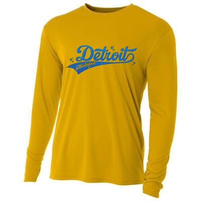 Vintage Blue Sporty Detroit Michigan Logo Cooling Performance Long Sleeve Crew