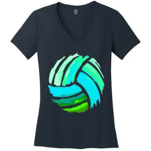 Volleyball Brush Stroke Blue Green Ball For Teens Women's V-Neck T-Shirt