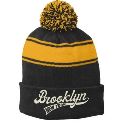 Vintage Baseball Style Brooklyn For Men & Women Stripe Pom Pom Beanie